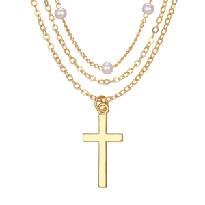 Elegant multi-layer gold plated necklace with small cross pendant and white pearls