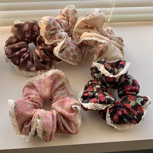 French Retro Floral Corduroy Scrunchies With White Lace Trim Elastic Hair Ties For Women Girls