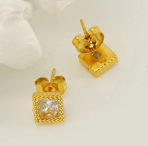 Detailed view of square zircon earrings with gold plating and milgrain texture edges