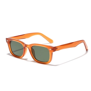 Retro square orange sunglasses with green lenses and rivet detail shown at a 45-degree angle