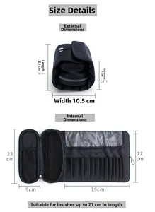 Size chart for foldable makeup brush organizer showing dimensions and 21cm brush capacity