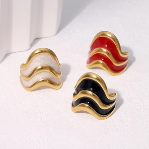 Wave Enamel Open Ring Stainless Steel 18K Gold Plated Adjustable French Vintage Light Luxury Jewelry For Women