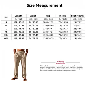 Men's corduroy casual trousers size guide with length, waist and hip measurements