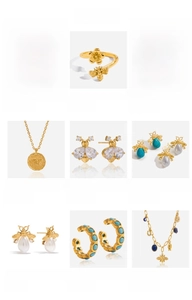 Vue détaillée de bijoux en acier inoxydable plaqué or 18K avec motifs abeille noire