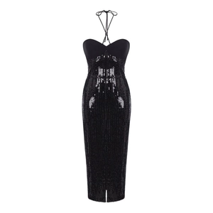 Elegant black sequin halter midi dress with a slim fit and front slit on white background