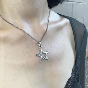 Minimalist double layered hollow star pendant necklace in silver tone for women