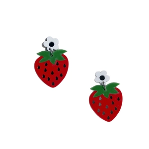 Cute red acrylic strawberry earrings with white daisy flower detail on white background
