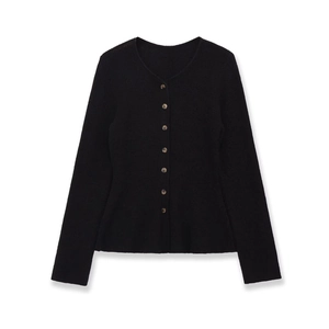 Women Peplum Knit Cardigan Long Sleeve Round Neck Button Front Ribbed Polyester Sweater Top Solid Color Casual Clothing