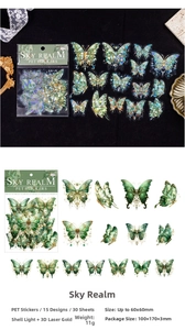 Macro view of emerald and gold butterfly stickers with laser gold foil effect on PET