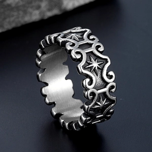 Vintage Stainless Steel Ring With Star Sun Totem Engraved Gothic Punk Scroll Pattern For Men Women Unisex