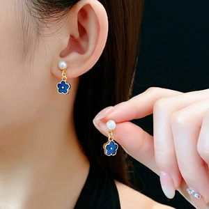 Elegant Blue Floral Drop Earrings With Faux Artificial Pearl And Enamel Alloy For Women With Silver Earring Post Chic Style