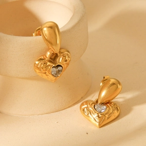 18K gold plated stainless steel heart earrings with textured finish and clear zircon stone