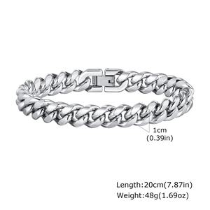 Detail of silver stainless steel Cuban link bracelet with size and weight dimensions