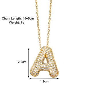 Detailed view of gold necklace letter A pendant with cubic zirconia and dimensions