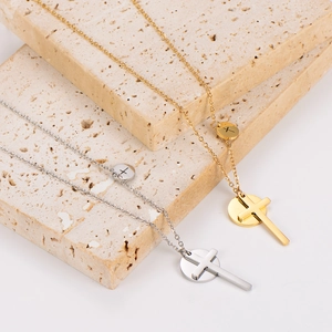 Minimalist stainless steel necklaces with gold and silver cross disc pendants for fashion
