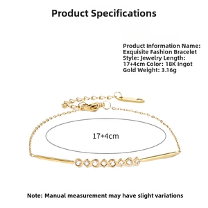 Detail showing 18K gold plated bracelet with dimensions 17 plus 4cm and weight 3.16g