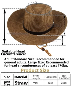 Tableau des tailles pour chapeau de paille d'été avec bord de 9cm et diamètre de 36cm