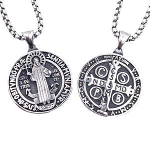 Relief St Benedict medal cross pendant necklace in silver stainless steel with box chain