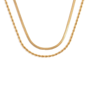 Double layered 18k gold snake and twisted chain necklace set on white background