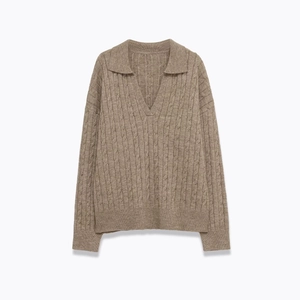 Women Cable Knit Polo Sweater V Neck Long Sleeve Drop Shoulder Solid Color Casual Pullover Khaki