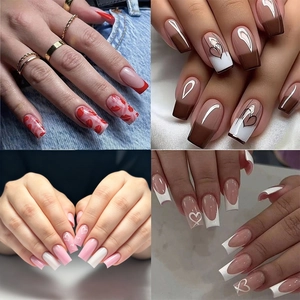 French Tip Press On Nails Heart Pattern ABS Plastic Medium Long Square Coffin Shape DIY Manicure For Women
