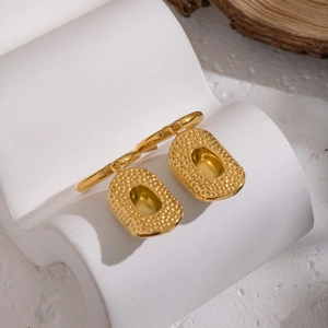 Elegant gold-tone hammered textured D-shaped drop earrings for women in polished finish