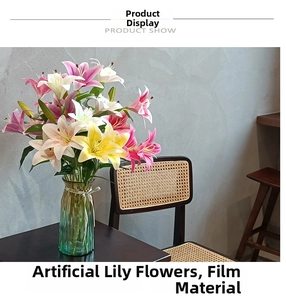Detailed close-up of 3D film lily petals in a green textured glass vase home decor