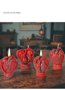 Macro view of anatomical heart and steampunk skull candles with intricate wax textures