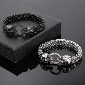 Punk style stainless steel skull bracelet for men in matte black and polished silver