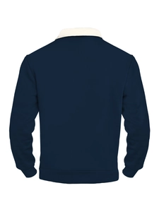 Rear view of deep blue waffle knit sweatshirt with a cream white zipper collar detail