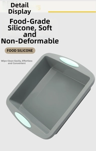 Detail of gray silicone cake mold with green handles showing food-grade flexibility
