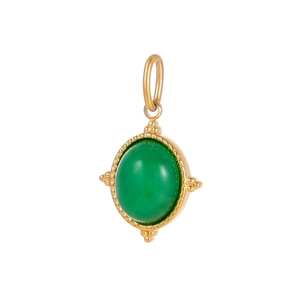 Macro detail of oval green gemstone pendant with golden beaded edge craftsmanship