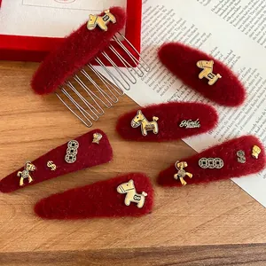 Red Plush Hair Clip Alloy Horse Rhinestone Money Sign Decor Retro Festive Winter Hairpin Accessories For Women