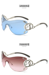 Detail of rimless snake-style sunglasses with gradient lenses and silver metal temples