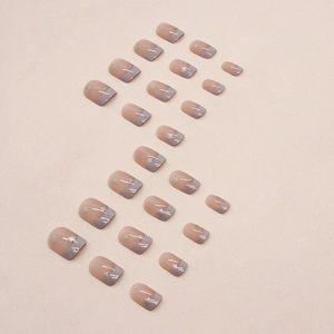 Short French retro press-on nails in dusty pink with aurora star patterns 24pcs set