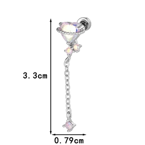 Silver titanium steel heart earring with rainbow gemstones and dangling chain details