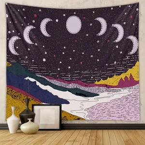 Wall Tapestry Moon Phase Starry Night Mountain Landscape Polyester Printed Bohemian Hanging Decor For Bedroom Living Room