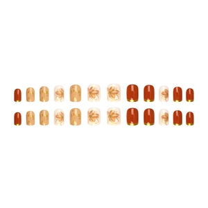 Französisches Blumen-Nagelset zum Aufkleben in Rotbraun mit Goldfolien-Akzenten