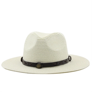Classic creamy white straw panama hat with dark brown leather band and metallic buckle