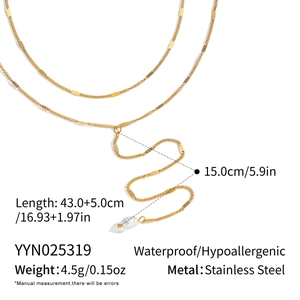Detail of gold double-layered necklace with pearl pendant and stainless steel technical specs