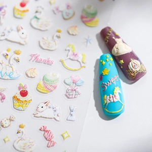 Stickers nail art 3D avec motifs lapin, carrousel et desserts mignons en relief