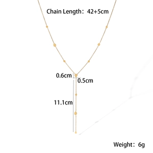 Detail view of gold Y-shaped necklace with drop pendants and full dimension specifications