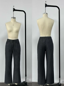 Front and back view of dark grey high-waisted wide leg denim trousers on a mannequin