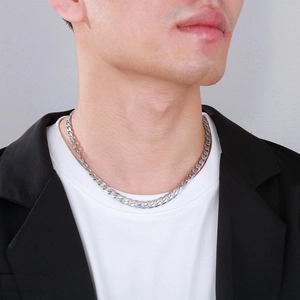 Polished silver Cuban link chain necklace for men styled with a black suit and white t-shirt