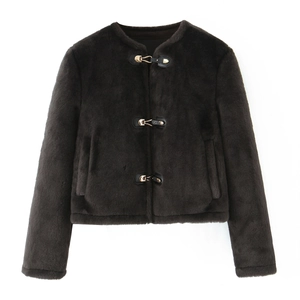 Deep brown faux fur jacket with signature triple metal buckles on a white background