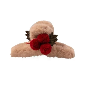 Plush cherry hair claw clip in beige with red pompom berries and green leaves