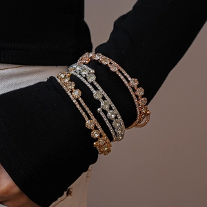 Three-layer zircon open cuff bracelet in rose gold and silver finishes for women