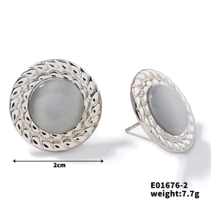 Detail showing candy-colored stone stud earrings with rope texture edges and size specs