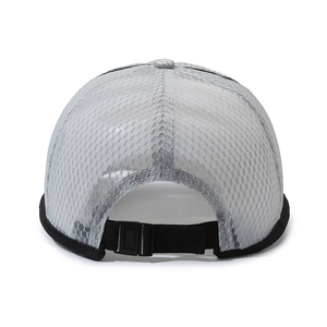 Grey mesh baseball cap with adjustable buckle back view for outdoor sports breathability