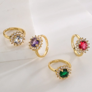 Adjustable 18K gold plated sunflower rings with colorful zircon centers in four shades